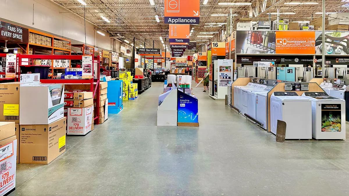 Sección de electrodomésticos de una tienda, con refrigeradores y lavadoras en exhibición